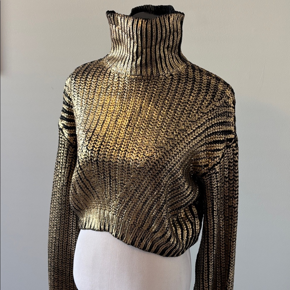 Hanifa Metallic Gold Cropped Turtleneck Sweater - Picture 4 of 8